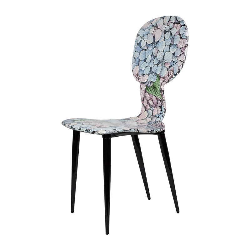 CHAIR ORTENSIA. THE ORTENSIA (HYDRANGEA) D√âCOR IS A RECENT REINVENTION BY BARNABA FORNASETTI. THE PETALS OF THESE COLOURFUL AND JOYFUL PLANTS, THAT SURROUNDED CASA FORNASETTI FOR 60 YEARS, COVER ENTIRELY THA HAND-PAINTED CHAIR. THESE ARTISANAL TECHNIQUES AND CRAFTSMANSHIPS METHODS ESTABLISH FORNASETTI OBJECTS AS UNIQUE PIECES OF ART.