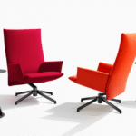 PILOT by EDWARD BARBER and JAY OSGERBY, designed in 2016. PILOT is an innovative swivel lounge chair that marries visual and material lightness with exceptional comfort. The cantilevered seat, which features a unique upholstery substructure for greater flexibility, appears to float in the air, giving the chair a refined silhouette and an essential, timeless appeal.