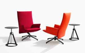 PILOT by EDWARD BARBER and JAY OSGERBY, designed in 2016. PILOT is an innovative swivel lounge chair that marries visual and material lightness with exceptional comfort. The cantilevered seat, which features a unique upholstery substructure for greater flexibility, appears to float in the air, giving the chair a refined silhouette and an essential, timeless appeal.