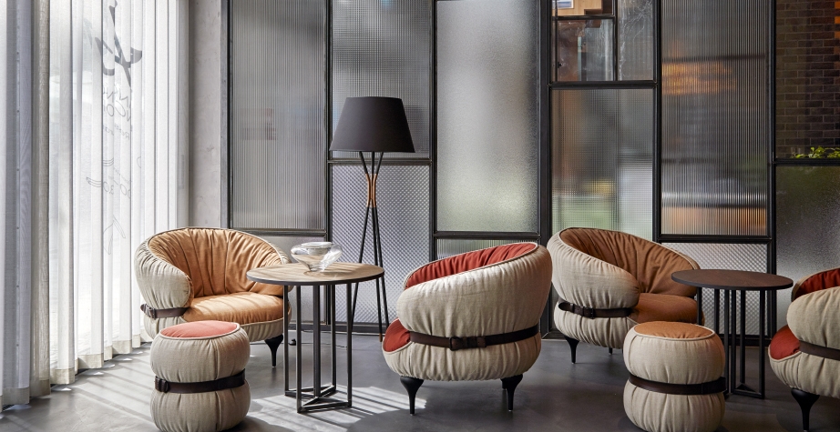 CHUBBY CHIC ARMCHAIR AND POUF BY DIESEL CREATIVE TEAM - PURO HOTEL GDANSK, POLAND, 2015  INTERIORS: DESALLES FLINT PHOTO CREDIT: ANNA STATHAKI‚Äè