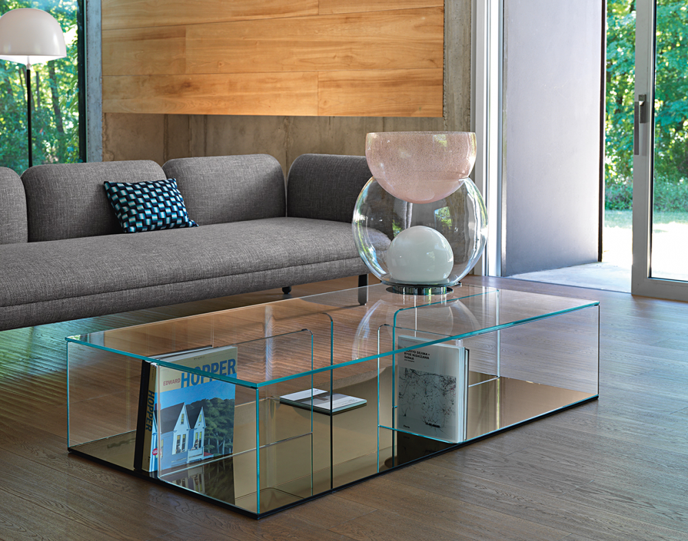QUADRA COFFEE TABLE/STORAGE UNIT IN CURVED GLASS BY MATTEO NUNZIATI