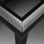 COUTARD TABLE BY PIERRE-YVES ROCHON, CRYSTAL AND BRIGHT NICKEL, TOP IN EXTRA WHITE GLASS, BLOTTER IN LEATHER, INSIDE DRAWERS WITH LEATHER.