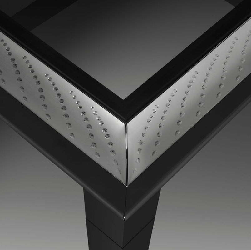 COUTARD TABLE BY PIERRE-YVES ROCHON, CRYSTAL AND BRIGHT NICKEL, TOP IN EXTRA WHITE GLASS, BLOTTER IN LEATHER, INSIDE DRAWERS WITH LEATHER.