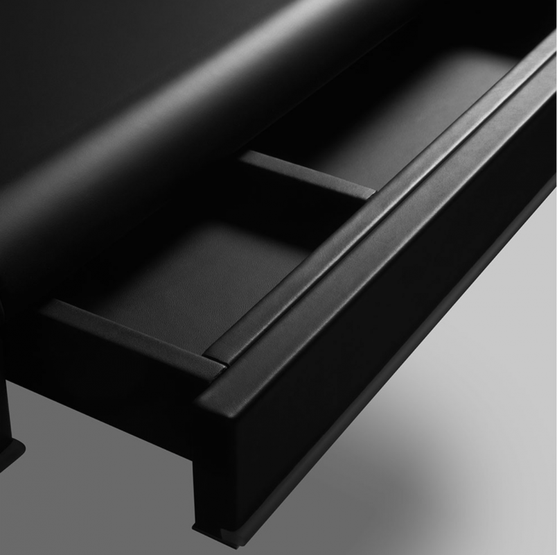 COUTARD DESK BY PIERRE-YVES ROCHON CLEAR CRYSTAL AND BRIGHT NICKEL, TOP IN EXTRA WHITE GLASS, BLOTTER IN LEATHER, INSIDE DRAWERS WITH LEATHER