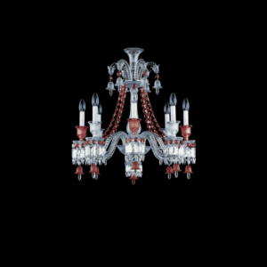 Z√âNITH RED chandelier.The composition of this chandelier may range immensely from 6 to 48 lights. This chandelier, whose architecture is strictly identical to the clear Z√©nith one, is revealed under a new light thanks to its suit of golden red crystal, iconic of Baccarat, which magnifies its ornamentations.