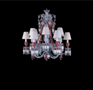 Z√âNITH RED chandelier.This chandelier, whose architecture is strictly identical to the clear Z√âNITH one, is revealed under a new light thanks to its suit of golden red crystal, iconic of Baccarat, which magnifies its ornamentations.