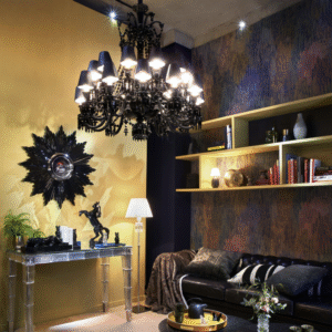 Crystal chandelier Z√âNITH NOIR - designer PHILIPPE STARCK. Maintaining the chandelier‚Äôs original structure and ornamentation, STARCK adds black shades lined with aluminum reflectors to magnify the effect of light on the black crystal (must be ordered separately). Baccarat‚Äôs signature red octagonal crystal is here linked to a spiked prism, specially designed by STARCK.