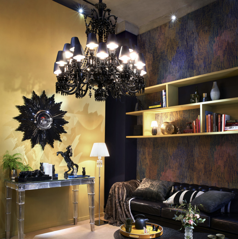 Crystal chandelier Z√âNITH NOIR - designer PHILIPPE STARCK. Maintaining the chandelier‚Äôs original structure and ornamentation, STARCK adds black shades lined with aluminum reflectors to magnify the effect of light on the black crystal (must be ordered separately). Baccarat‚Äôs signature red octagonal crystal is here linked to a spiked prism, specially designed by STARCK.