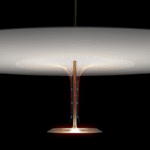 Pendant lamp DOT by FOSTER + PARTNERS. The smaller disc ‚Äì made of machined aluminium ‚Äì contains a ring of LEDs that bounce the light off the larger spun aluminium reflector disc. To preserve the minimal form of the lamp, the design uses an innovative heat tube that connects the two discs. This tube contains a fluid that turns to vapor as it absorbs the heat, transferring it efficiently to the heat sink in the reflector.