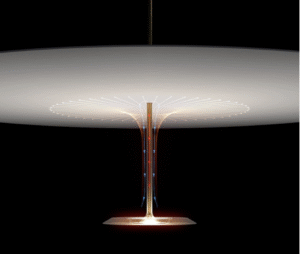 Pendant lamp DOT by FOSTER + PARTNERS. The smaller disc ‚Äì made of machined aluminium ‚Äì contains a ring of LEDs that bounce the light off the larger spun aluminium reflector disc. To preserve the minimal form of the lamp, the design uses an innovative heat tube that connects the two discs. This tube contains a fluid that turns to vapor as it absorbs the heat, transferring it efficiently to the heat sink in the reflector.