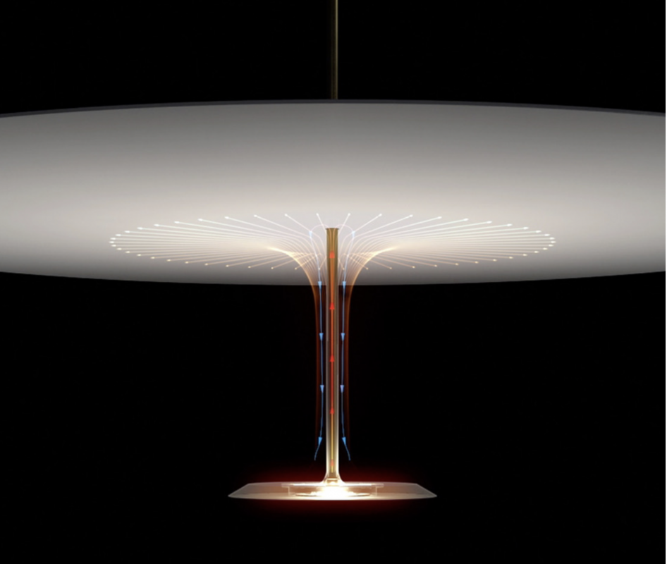 Pendant lamp DOT by FOSTER + PARTNERS. The smaller disc ‚Äì made of machined aluminium ‚Äì contains a ring of LEDs that bounce the light off the larger spun aluminium reflector disc. To preserve the minimal form of the lamp, the design uses an innovative heat tube that connects the two discs. This tube contains a fluid that turns to vapor as it absorbs the heat, transferring it efficiently to the heat sink in the reflector.