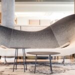 VICTORIA AND ALBERT SOFA BY RON ARAD AND TIA MARIA LOW TABLE BY ENRICO FRANZOLINI - SONNES RESORT NATURNO, ITALY, 2018  ARCHITECTURE: LOBBY PHOTO CREDIT: SONNEN RESTORT