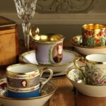 BERNARDAUD ROYALE - HISTORICAL PORCELAIN COFFEE CUPS: CATHERINE II DE RUSSIE, AUX FLEURS DES CHAMPS, BONAPARTE, AUX TULIPES