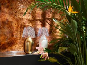 The BABY CANDY LIGHT nomadic lamp by JAIME HAYON. BABY CANDY LIGHT becomes now nomadic in 4 iconic colors: glossy Baccarat red, matte bronze, matte white and matte black. Wireless, this nomadic lamp is an elegant and playful solution to light up and decorate indoor tables as well as terrace tables. Rechargeable, its ceramic body is topped with a crystal shade inspired by the Juvisy-cut motif. A button on the top of the lampshade enables to dim thelight by a gentle and continuous touch. Price ‚Ç¨820