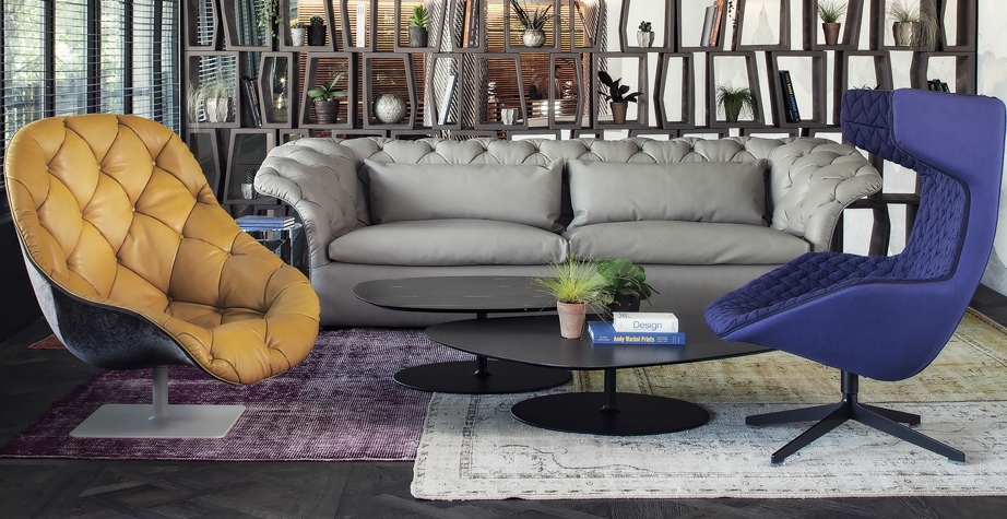 BOHEMIAN SOFA BY PATRICIA URQUIOLA, TAKE A LINE FOR A WALK ARMCHAIR BY ALFREDO H√ÑBERLI, BOHEMIAN ARMCHAIR AND PHOENIX LOW TABLE BY PATRICIA URQUIOLA, TERRERIA BOOKCASE BY ARCHEA ASSOCIATI - WATERGATE HOTEL, WASHINGTON, USA, 2016