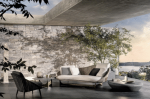 LIDO CORD OUTDOOR by GAMFRATESI, designed in 2022.LIDO CORD OUTDOOR is comprised of a sofa, armchair, footstool, dining and lounge little armchairs, all with an enveloping design that conveys the idea of a comfortable nest.