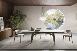 ABREY extendable table designed by GABRIELE and OSCAR BURATTI. ABREY is an elegant sturdy extendable table set on a round-section base in solid ash. The elegance of this table lies in a sheer simplicity of design that brings to the fore the rare beauty of the tops which differ in terms of size, shape and materials.